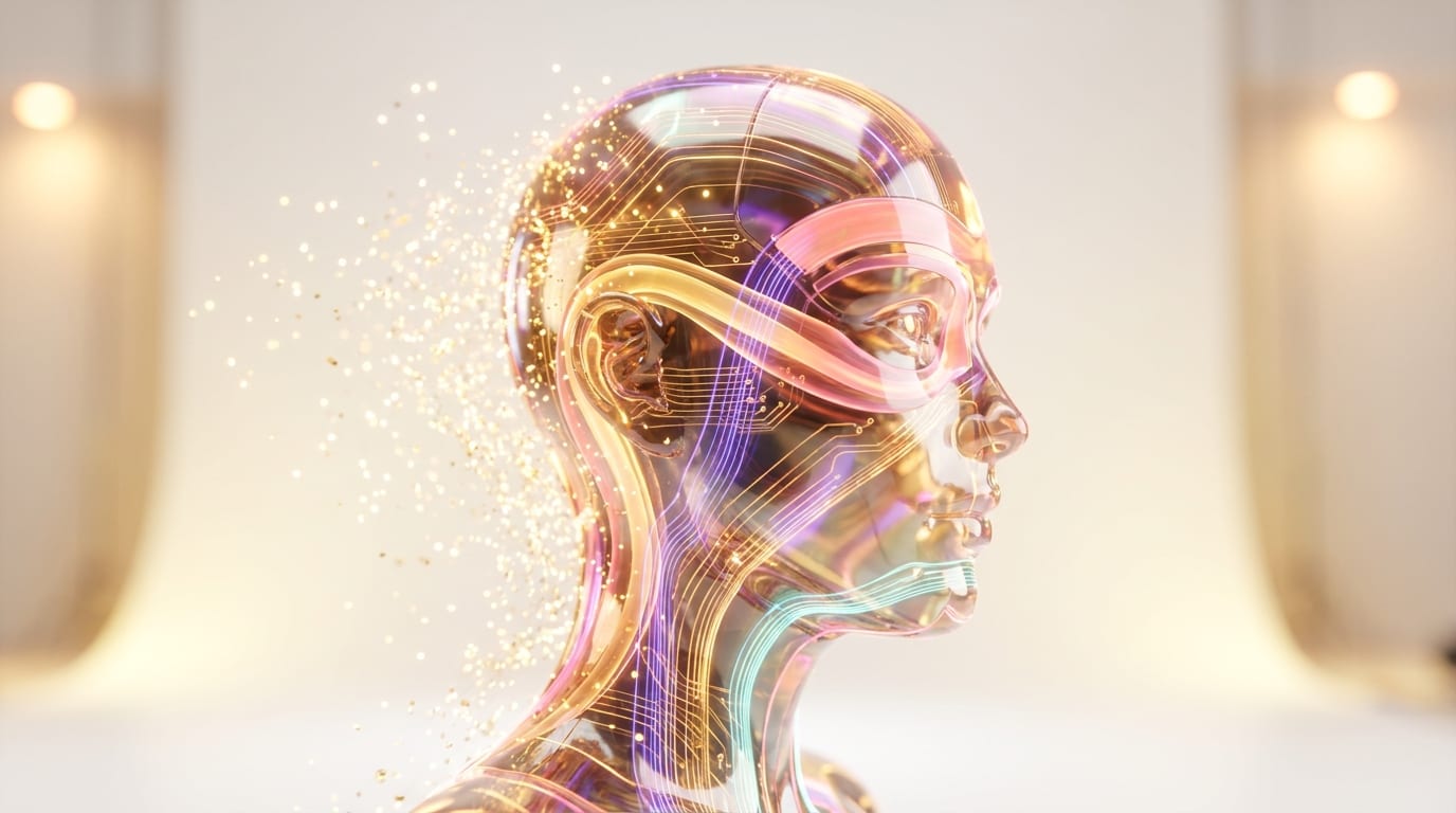 A glowing translucent AI head made of light ribbons dissolving into golden particles