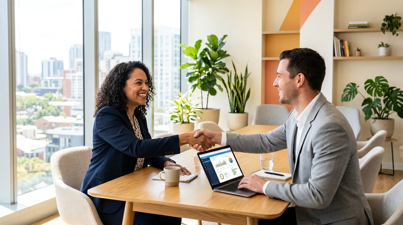 Two people shaking hands over a laptop in a bright sunlit meeting room
