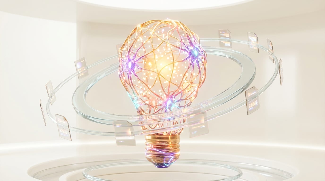 A glowing lightbulb formed from neural filaments surrounded by orbiting glass rings