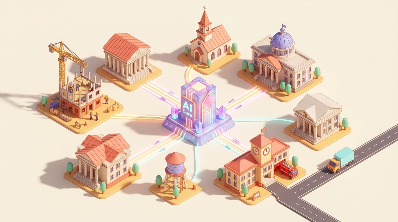 Isometric illustration of construction, courthouse, church, city hall, bank, school and utilities connected by light to a central AI core