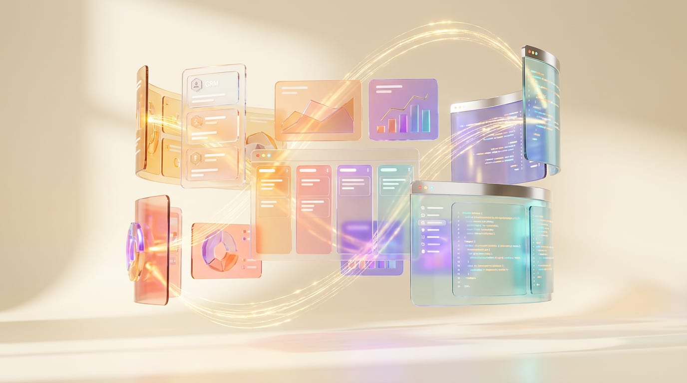 Luminous glass dashboards, CRM cards and code panels assembling in mid-air, connected by light